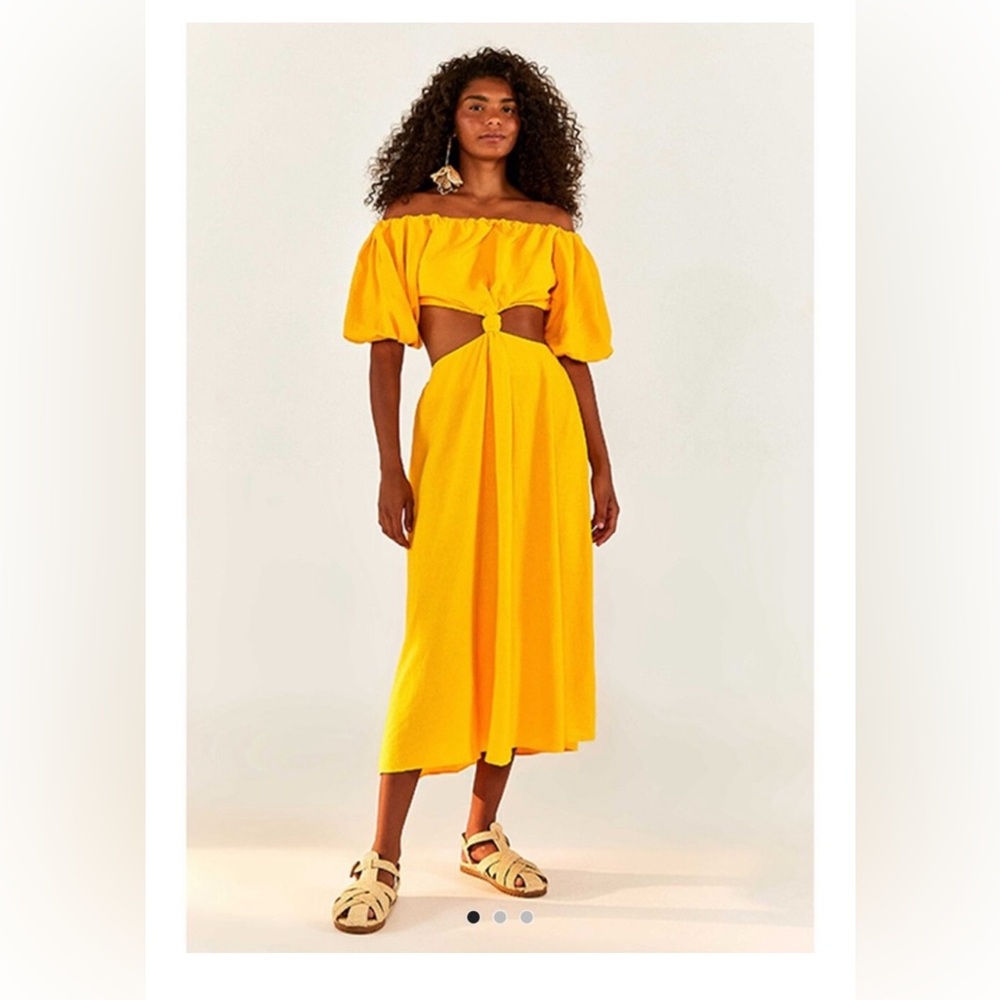 New FARM RIO Yellow Puff‎ Sleeve Off Shoulder Knotted Midriff Dress Size Large